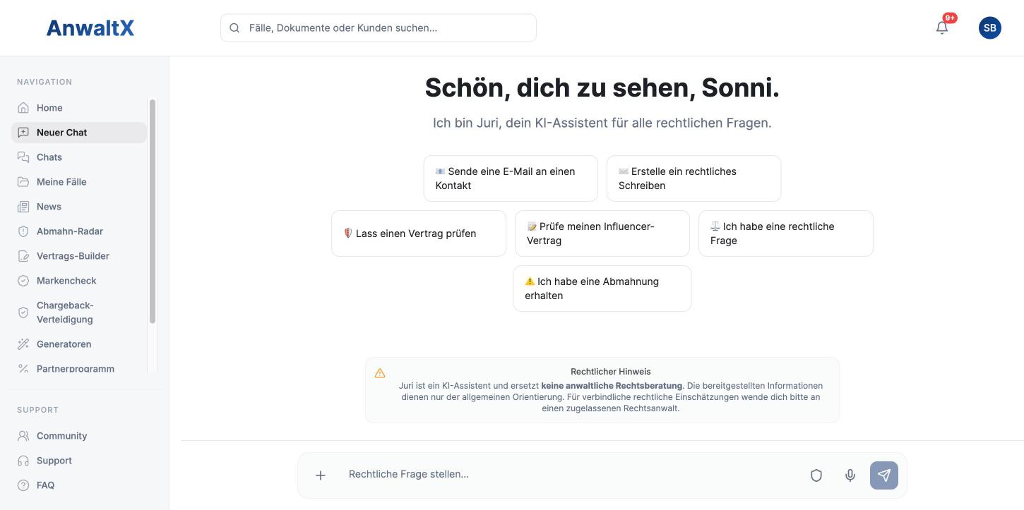 Juri-Chat mit Vorschlaegen: Vertrag prüfen, Abmahnung erhalten, rechtliches Schreiben erstellen